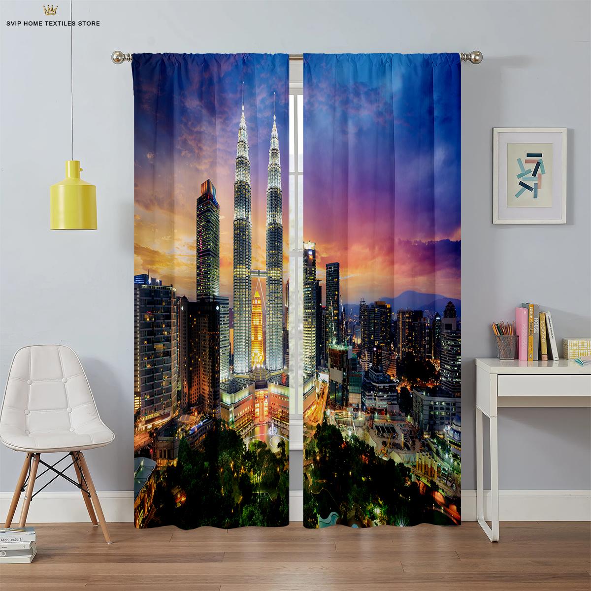 

3D-печатные оконные шторы, городское здание, ночной вид, пейзаж, подходит для спальни, гостиной, кухни, украшения, 2 шт. W50X130H(CM)X2PCS&Rod pocket