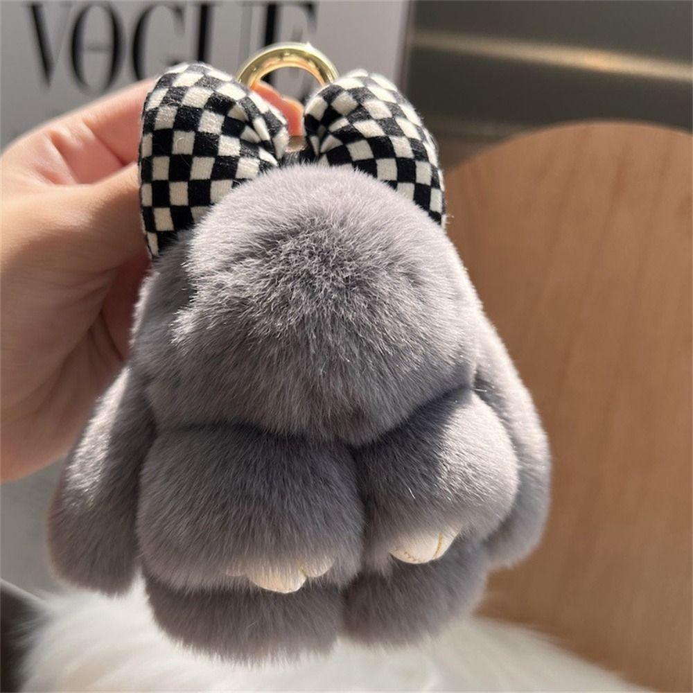 

Fashion Hair Bow Rabbit Fur Keychain Pompoms Plush Dolls Bunny Keychain Keyholder Bag Charm Plush Rabbit Key Ring Car Key Chain темно-сірий колір