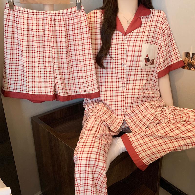 Contrasting Color Plaid Cloud Cotton Pajamas Women'S Summer Short-Sleeved Three-Piece Set Dachshund Dog Loungewear Can Be Worn Outside