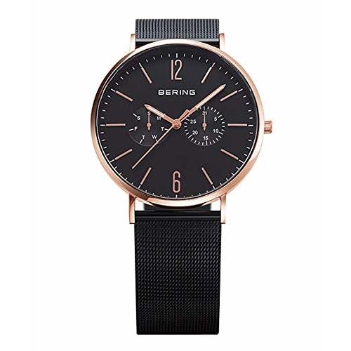 BERING (Bering) Men's & Women's (Unisex) Watch, Black Calf Leather & Black Stainless Steel, with Two Mesh Straps, Rose Gold Sapphire Crystal, Changes,
