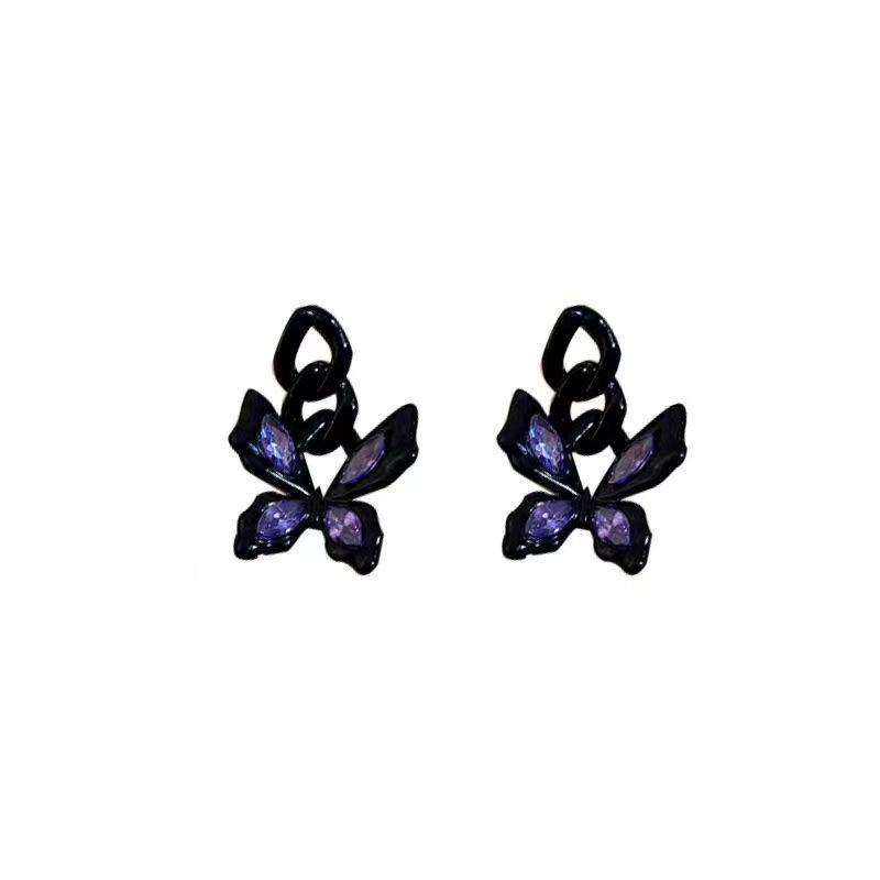 925 Silver Butterfly Crystal Earrings - Black Chain Fairy Style Studs - Sweet & Cool Fashion Accessories