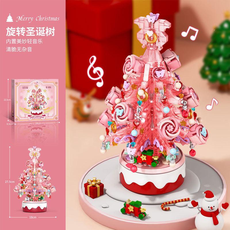DIY Lights Christmas Tree Music Box Pink Gifts Train Elk Santa Claus Architecture Xmas Building Blocks Bricks Kits Toys