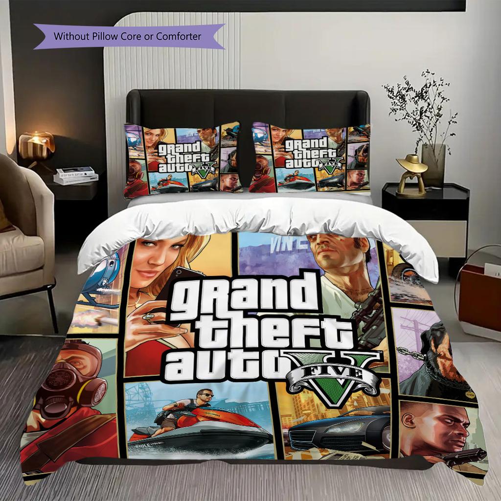 Ropa de cama con personajes vibrantes de Grand Theft Auto V (1 * funda nórdica + 2 * fundas de almohada, sin núcleo) Juego de ropa de cama de regalo de cumpleaños de Navidad plano 2D