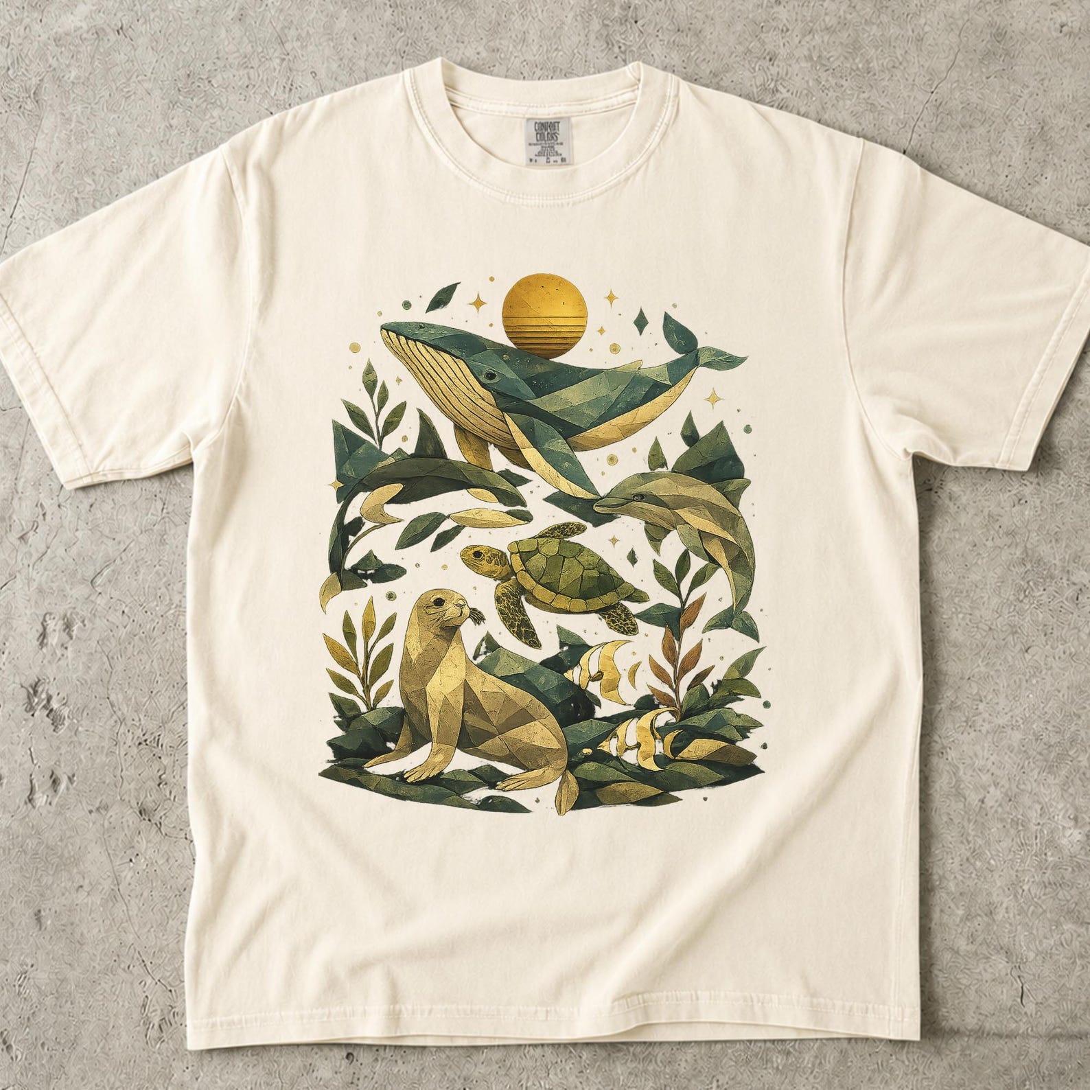 Sea Animals 90s Vintage Style Tshirt, Geometric Ocean Life Comfort Colors Marine Tee, Whale Dolphin Turtle Seal Aesthetic Life Nature 2XL