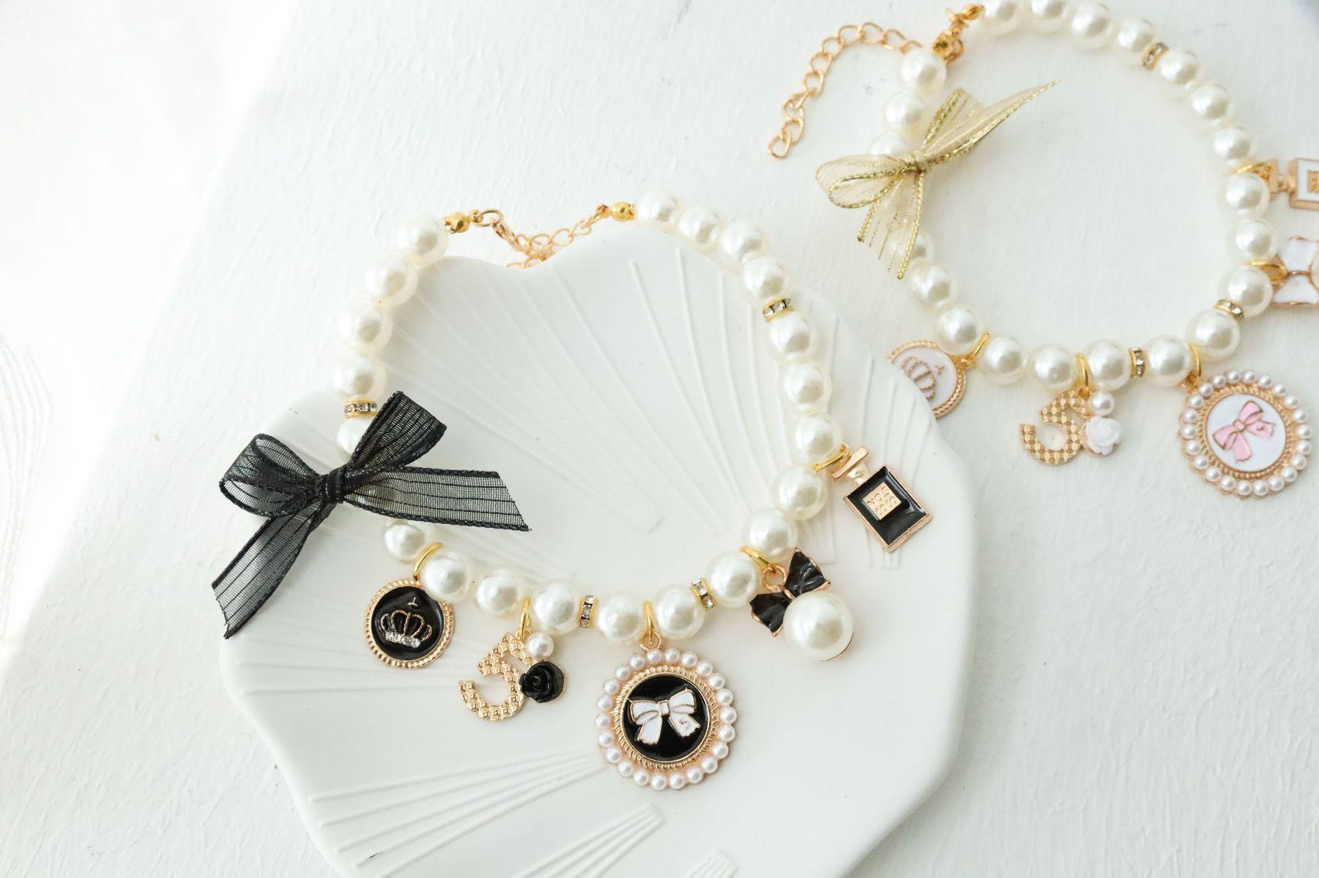 Pet Bow Pearl Collar Cat Jewelry Pendant Princess Necklace Dog Sweet Decorations Puppy Rhinestone Collar Chihuahua Accesorios L-32-40cm