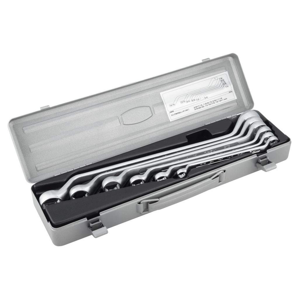 TONE Long Open End Wrench Set (45°), 2700M, Silver, 6-Piece Set, Widths 8-27mm