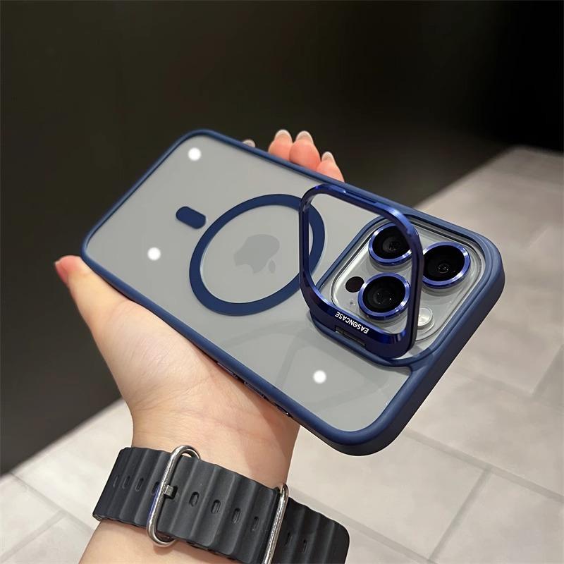 Magnetic Metal Ring Lens Stand Protector Case For iPhone 15 12 13 14 11 Pro Max Plus Magsafe with Color Glass Lens Clear Cover