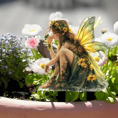 Acrylic Fairy Garden Stake,Elf Ornament with Sunflower Crown & Wings, Waterproof Outdoor Statue for Potted Plants, Woodland Yard Decoration Gift for