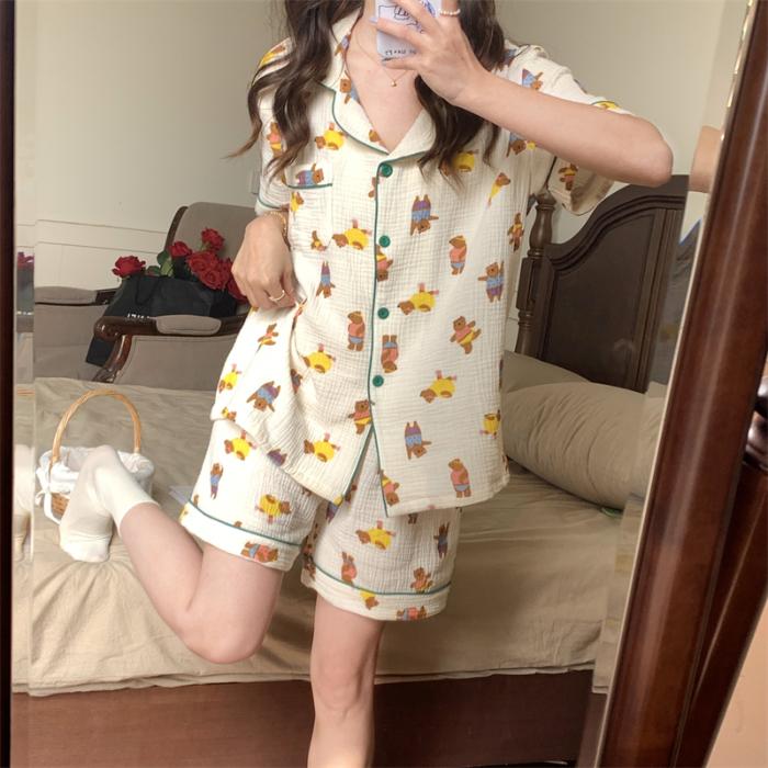 Women's Pajamas Summer Short Sleeve Sleepwear Set Cartoon Cute Rabbit Printed Pyjama Woman Ruffle Home Nightwear Set Cardigan