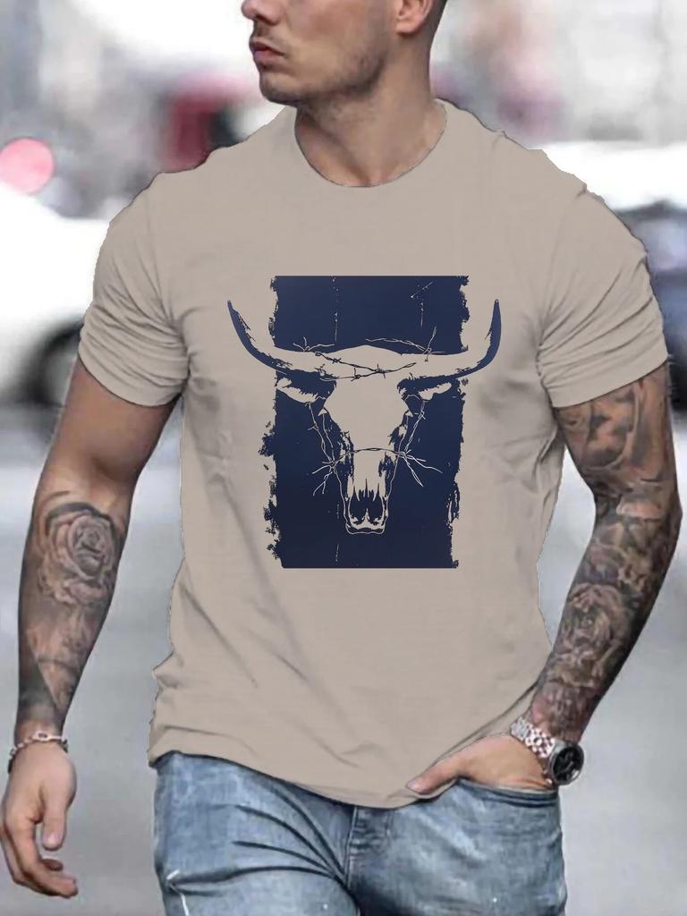 Summer Men's 100% Pure Cotton Casual Loose Plus Size Western Bull Head Pattern Printed Round Neck Short Sleeved T-shirt Top