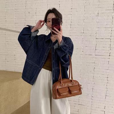 Spring 2026 Retro Denim Lapel Jacket with Contrast Stitching - Women's Loose Fit