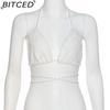 BITCED Spring/Summer Women's Versatile Solid-Colour Fleece-Lined Halter Neck Tie-Front Sexy Bandeau Top