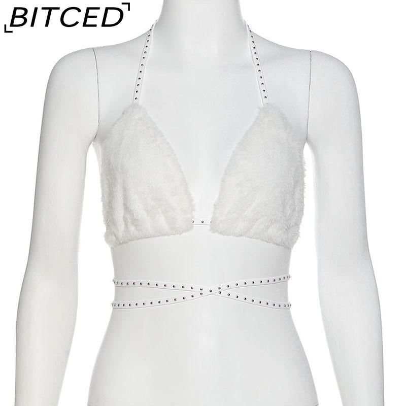 BITCED Spring/Summer Women's Versatile Solid-Colour Fleece-Lined Halter Neck Tie-Front Sexy Bandeau Top