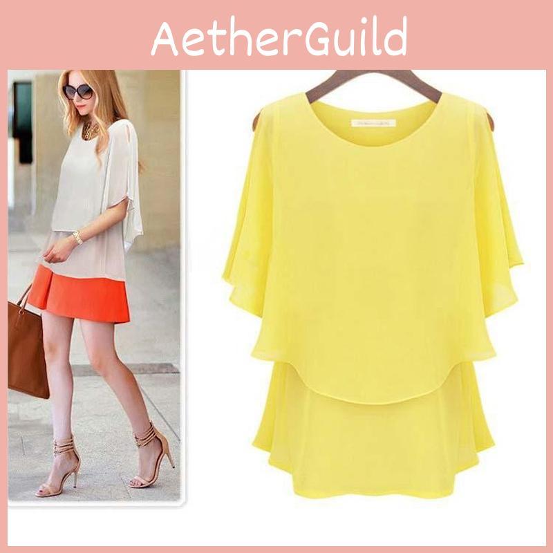 New Arrival Latest Women Chiffon Summer Plus Size Lotus Sleeve Double Shirt Sundress Elegant Casual Wear