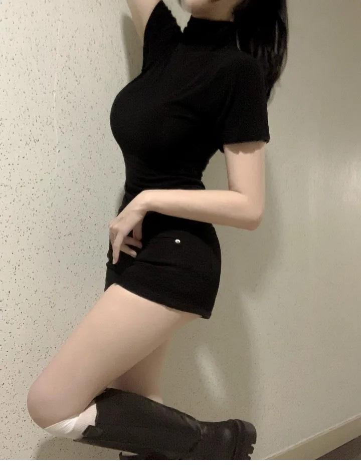Korean Dongdaemun Elegant Slim-Fit Sheer High Neck Short Sleeve T-Shirt for Women