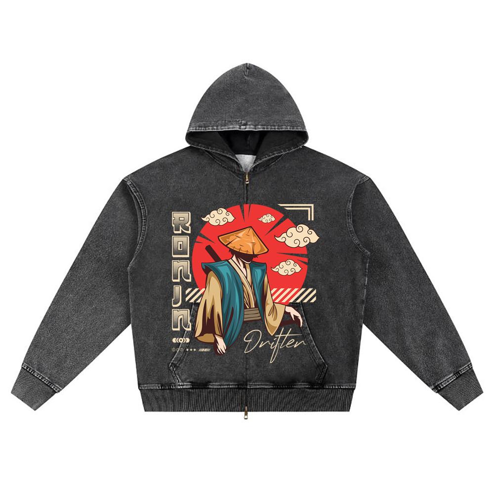 DTG Print Knitted Denim Zip-Up Hoodie Japanese_streetwear 8 Brother Print Zipper Hoodies  