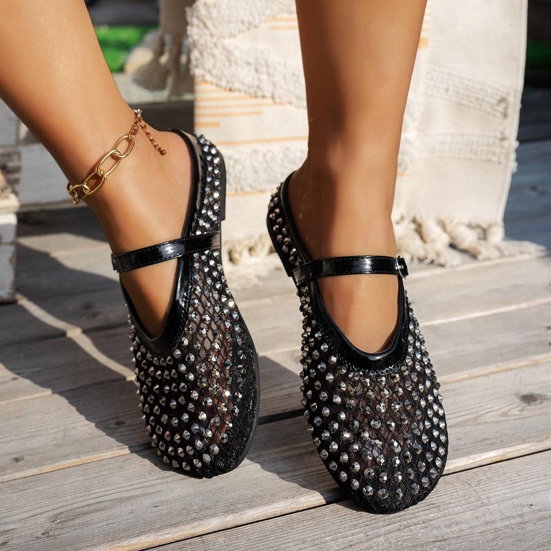Large Size Mesh Rhinestone Sandals Women's Summer New One-word Buckle Fashion Casual Single Shoes Breathable Mesh Shoes
