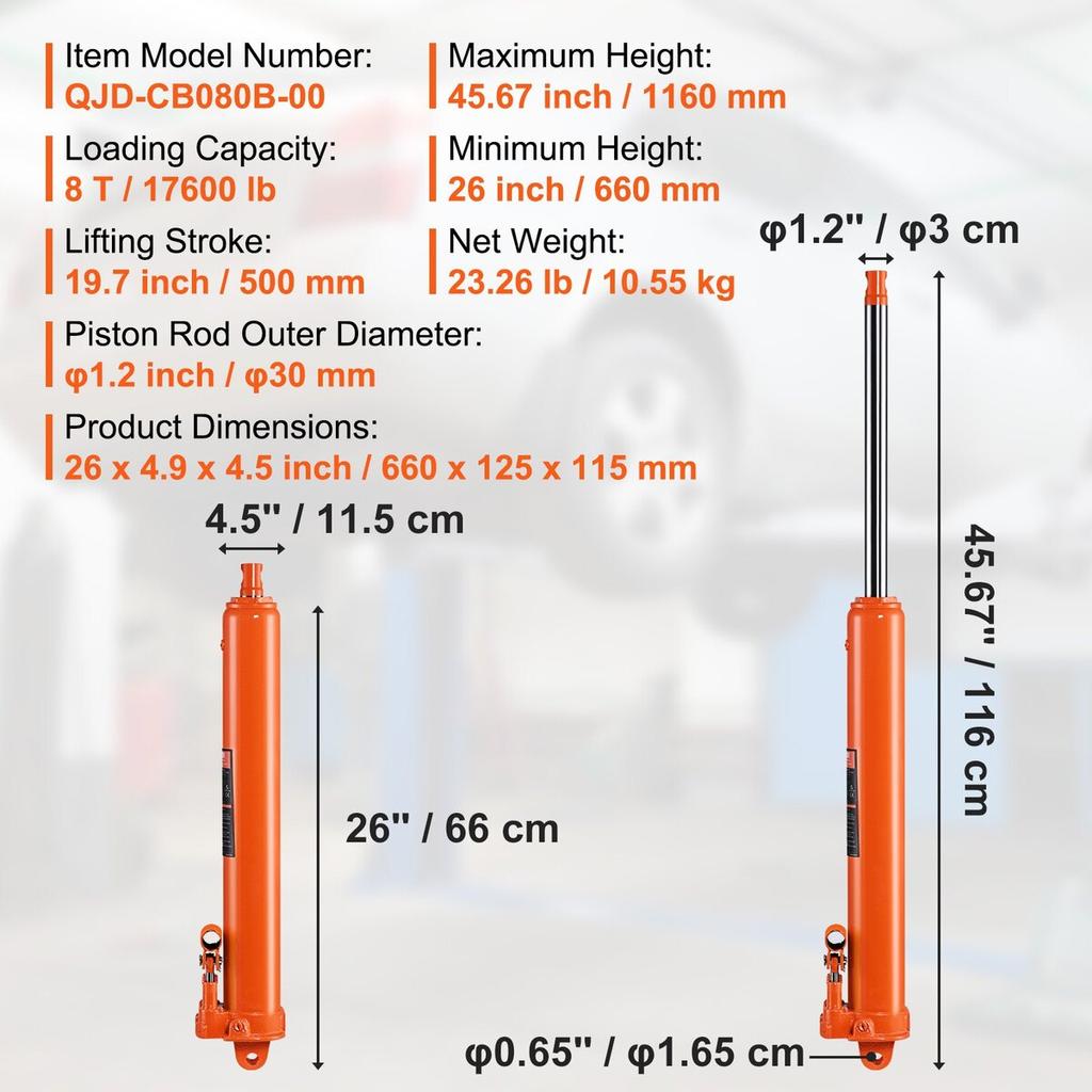 Hydraulic Long Ram Jack, 8 Ton Engine Hoist Cylinder with Double Piston Pump And Clevis Base, Hydraulic Ram Cylinder for Engine Lift Hoists, Hydraulic
