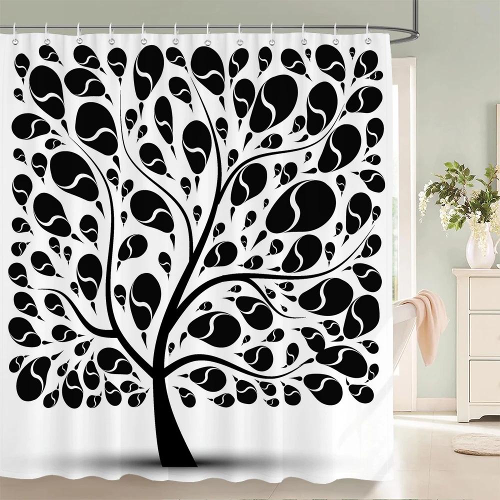Black And White Printing Leaves Plant Shower Curtain, Simple Art Tree Texture Fabric Waterproof Bathroom Curthroom Decor Curtain W60H190(CM)-1 Pcs