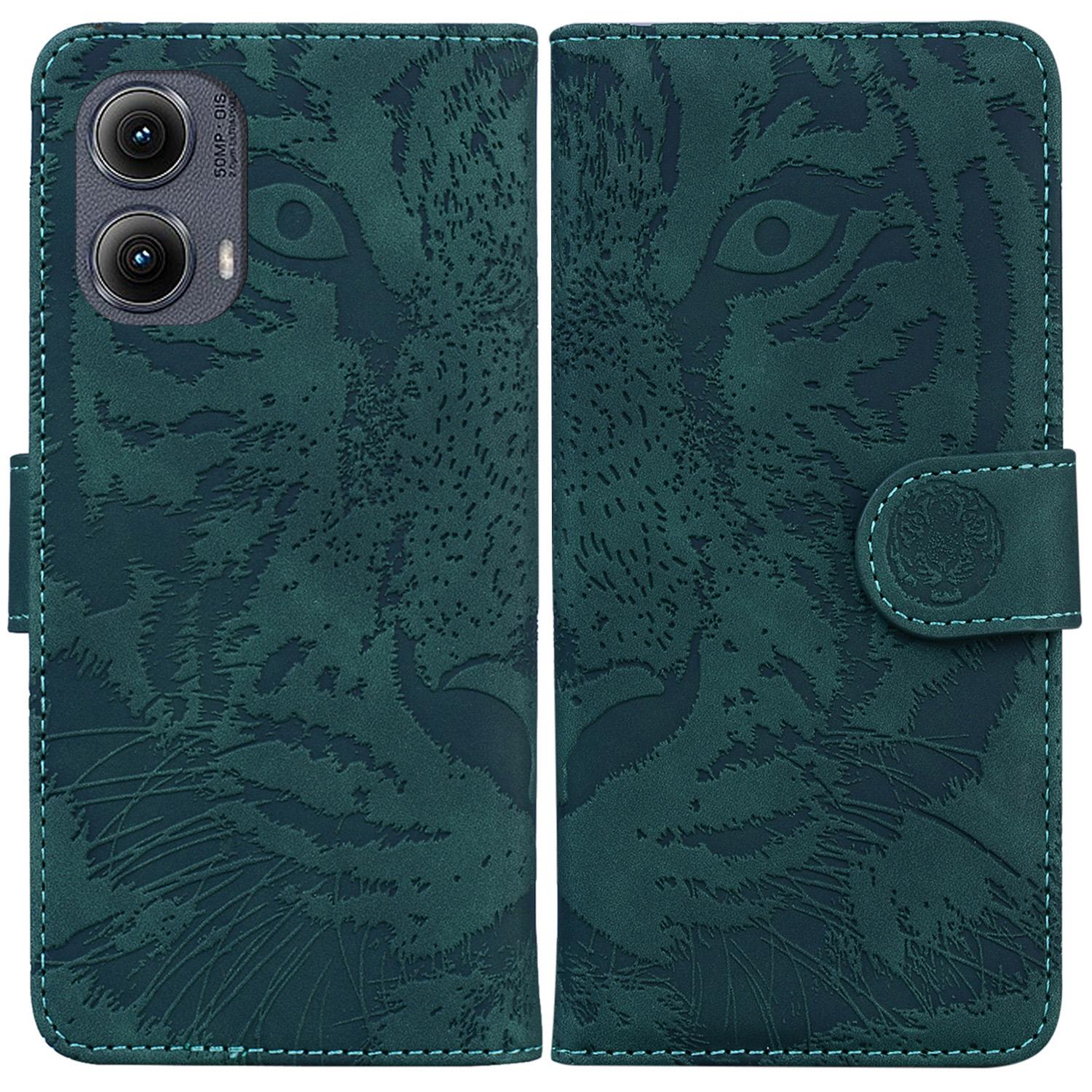 

For Motorola Edge (2024) 5G Shockproof Case Tiger Imprint Leather Wallet Phone Cover Green