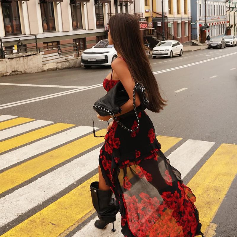 2025 Sommer Damen Sexy Print Spitze Sling Unregelmäßiges Slim Fit Schleppenkleid