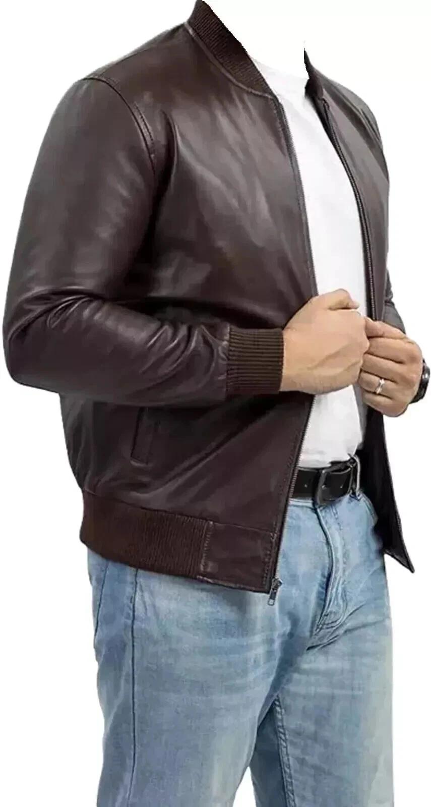 

Новая мужская куртка-бомбер из натуральной овчины ручной работы для мотоциклистов и байкеров, коричневая кожа 3XL коричневый