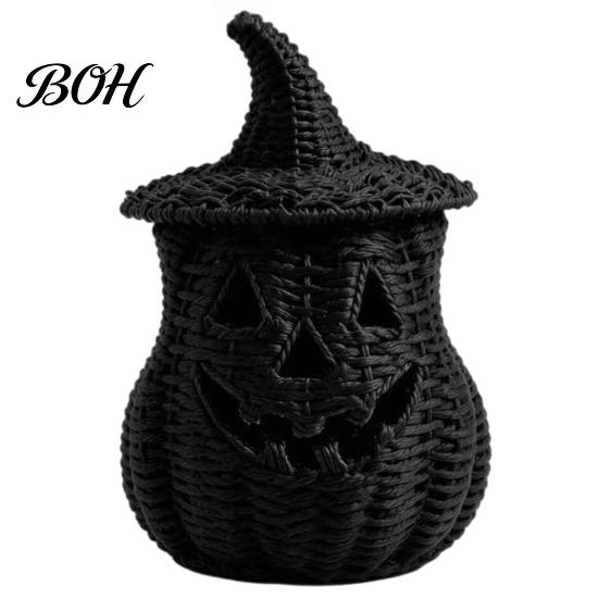 Halloween Mantel Decoratie Pompoen Lantaarn Tafelblad Decor, Geweven Heksenhoed Snoepschaal & LED Prop, Gotisch Herfst Centerpiece voor Huisplank (Elektronisch