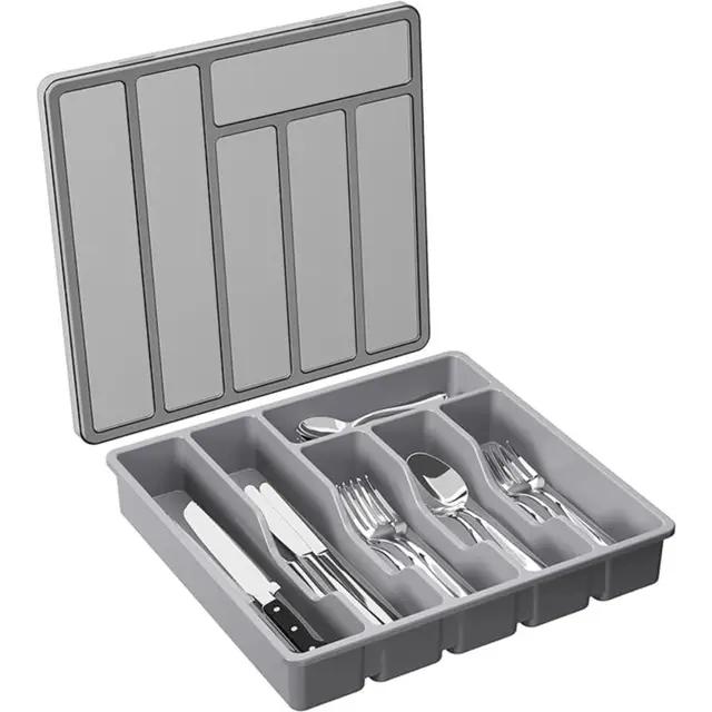 Silverware Organizer with Lid Covered Utensil Tray for Drawer Flatware Storage Box Kitchen Gadgets