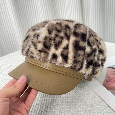Spring and Autumn Warm Mohair Leopard Print Splicing Leather Brim Octagonal Hat Children