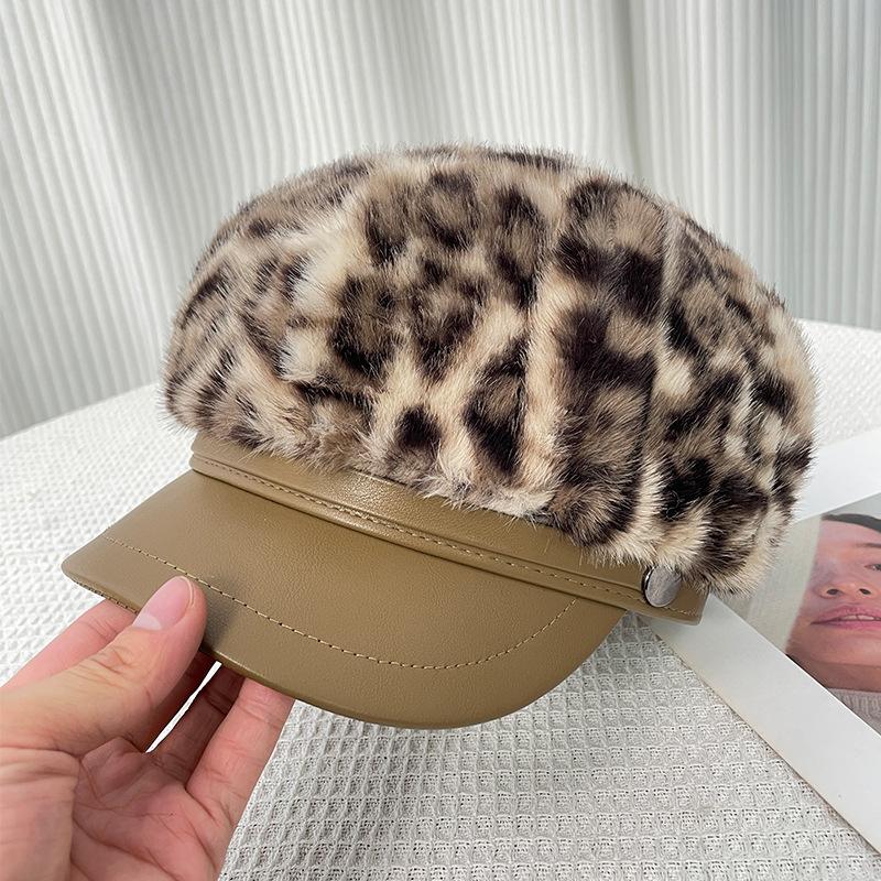

Мохеровая восьмиклинка с леопардовым принтом и кожаным козырьком, детская теплая осенне-зимняя кепка-утка, кепка газетчика, кепка художника 56-60CM
