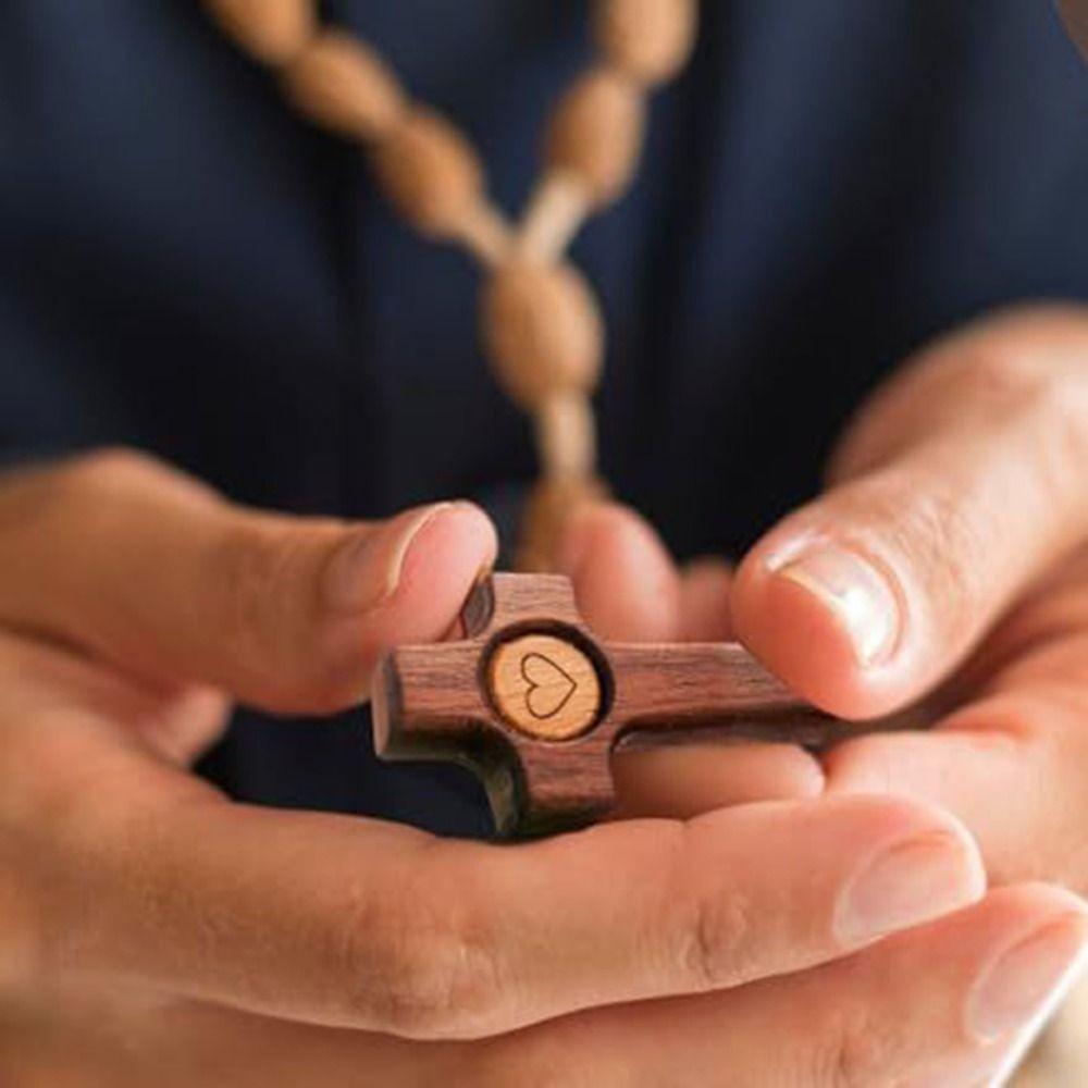 2 Piece Black Walnut Easter Pocket Cross Heart Pattern Pocket Stress Fidget Cross Christian
