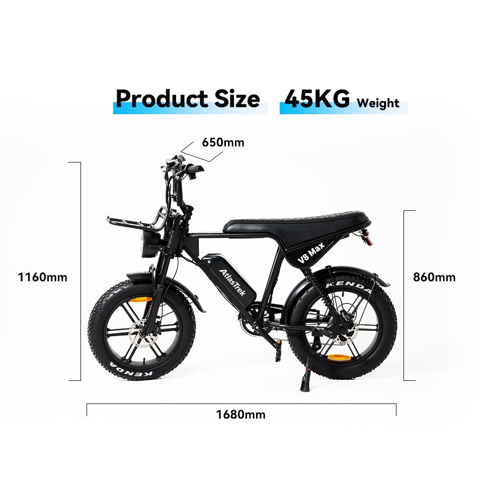 EU Warehouse AtlasTrek V8 Max Electric Fat Bike 48V 15AH Lithium Hydraulic Disc Brake Ebike Mountain Bike Brushless Motor 250W