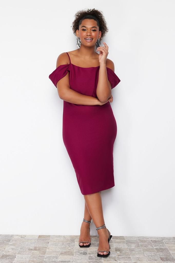 Women's Style Plus Size Purple Plain Bodycone Midi Woven Plus Size Dress