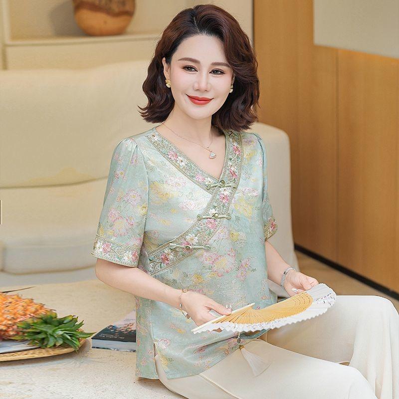 Mom's Summer Short-sleeved Internet Celebrity New Chinese Tops Middle-aged and Elderly