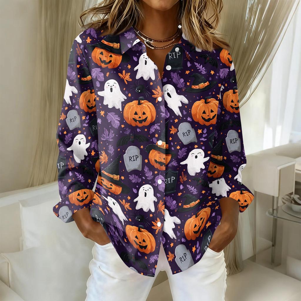 Women’s Halloween Print Button Down Long Sleeve Fit Shirt Turn Down Collar Top for Casual Daily Wear