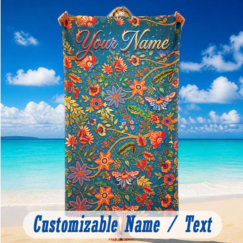 Floral Garden Theme Beach Towel Personalized Custom Name & Text Soft Quick Dry Beach Towel for Swimming Travel