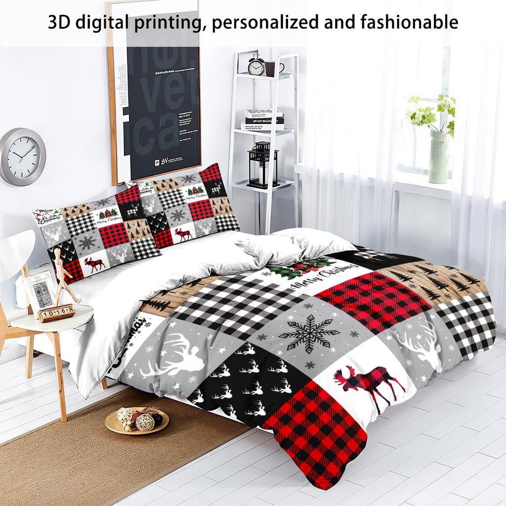 3pcs Checkered Christmas Print Coreless Bedding Set Dormitories Bedrooms Soft and Comfortable Multiple Sizes Machine Washable