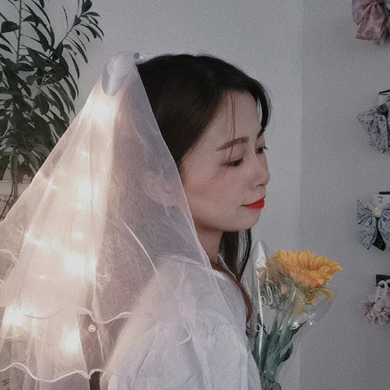 Hochzeit Schleier mit Clip/Kamm Haarschmuck für Bräute Mädchen Tüllschleier mit Rand und Lichterkette 8 Farben
