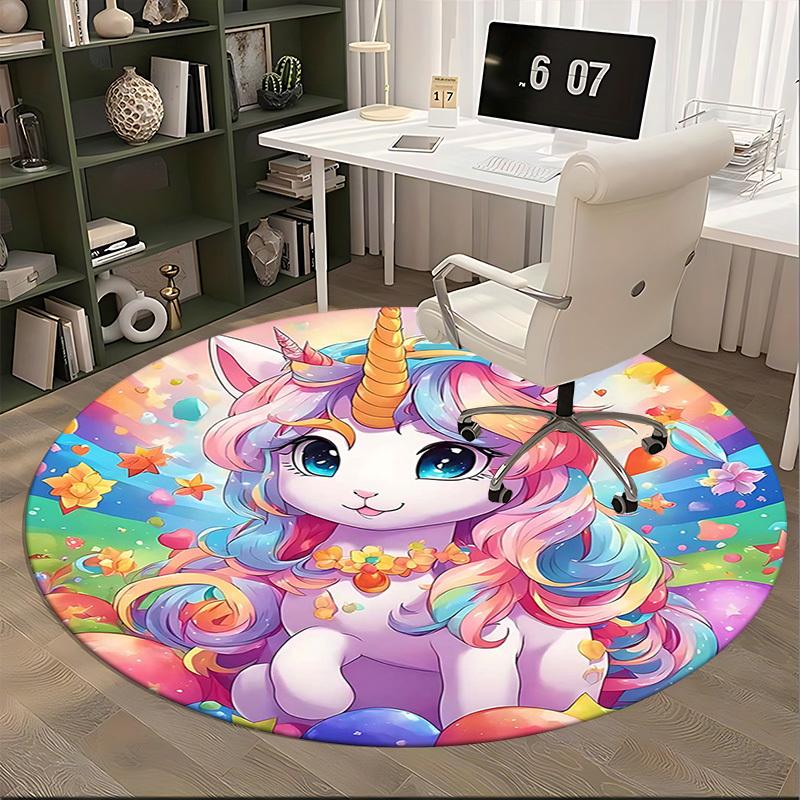 1pc Rainbow Unicorn Round Carpet Anime Design Chair Mat, Non Slip Rug for Office & Home Decor