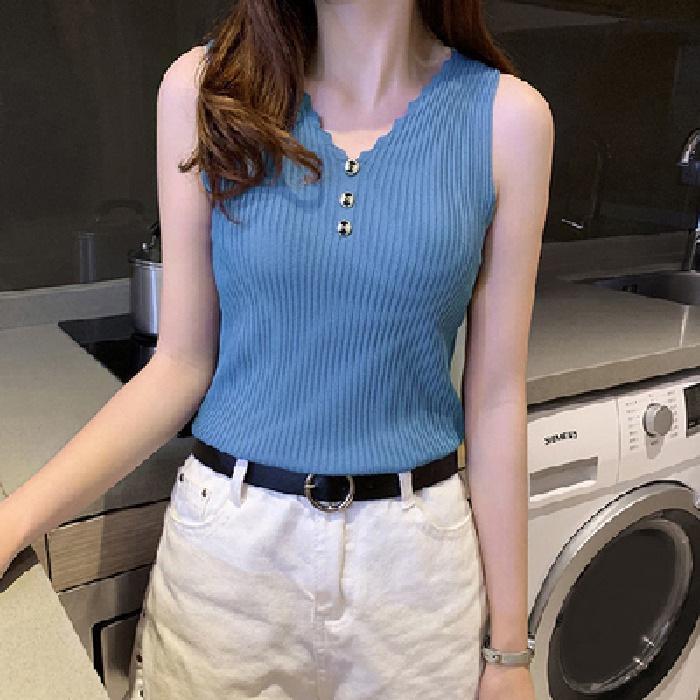 

Женская майка на V-образном вырезе из ледяного шелка, черно-белая - Летний вязаный топ без рукавов One Size синий