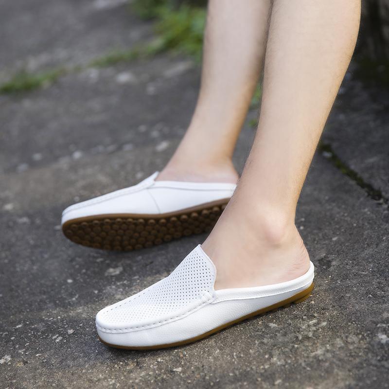 Leather Mules Men Closed-toe Sandals Casual Shoes Summer Man Slides Slip-On Flats Backless Loafers Slippers Half Shoes For Men