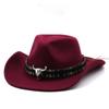 Black Soft Felt Waterproof Sweatband Traditional Wide Brim Men and Women Western Outback Cowboy Hat With Bull Head Fedora Cap