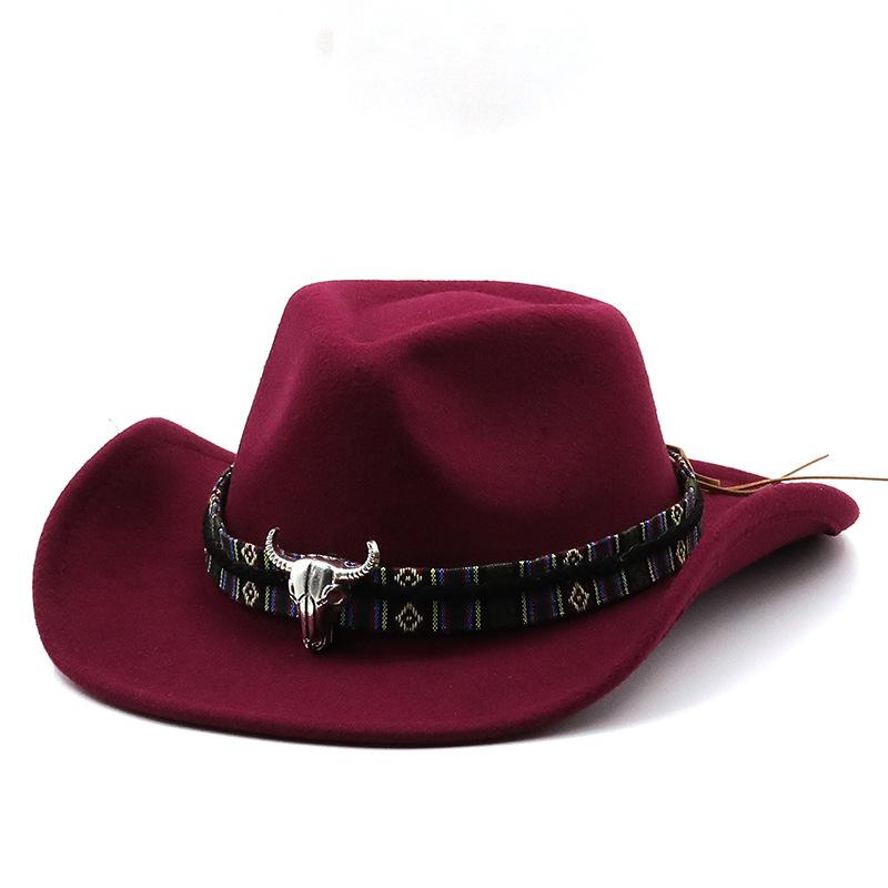 Black Soft Felt Waterproof Sweatband Traditional Wide Brim Men and Women Western Outback Cowboy Hat With Bull Head Fedora Cap