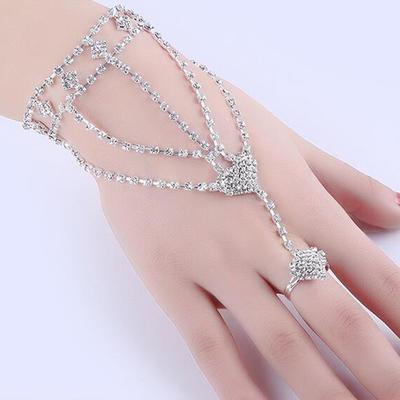 Vintage Rhinestone Bracelet With Finger Ring Silver Link Wrist Chain Legs Ankle Bracelet Women's Jewelry Belly Dance Accessories