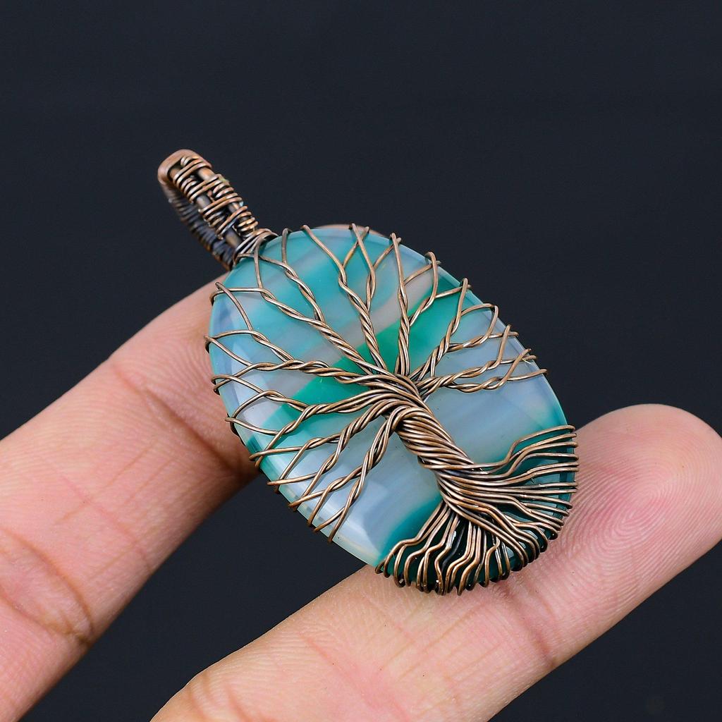 Tree Of Life Banded Agate Gemstone Pure Copper Wire Wrapped Handmade Pendant Jewelry For Her