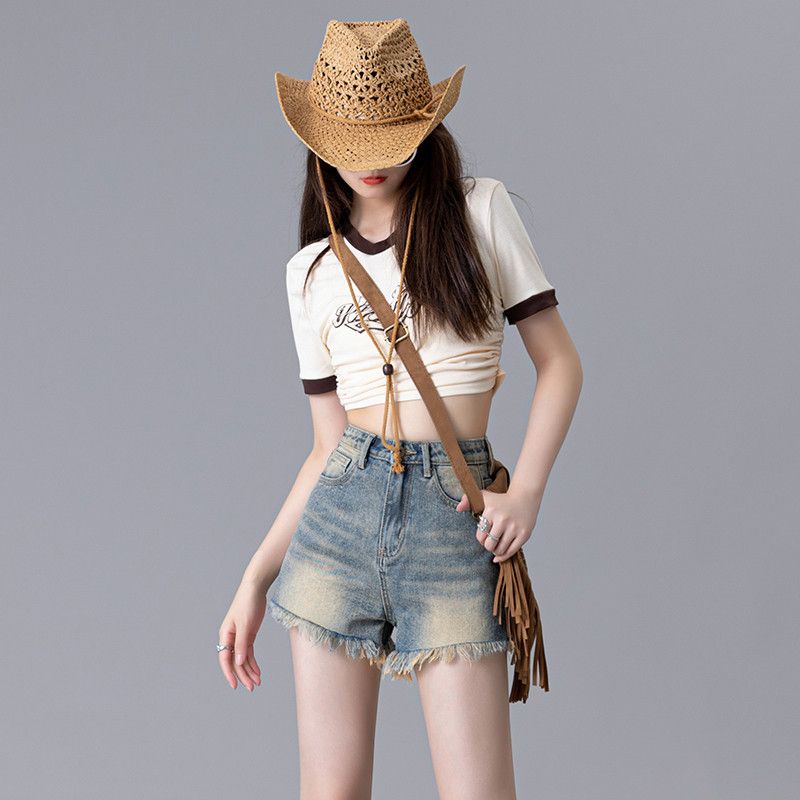 

Golden Korean Retro High Waist Demin shorts Women Summer Thin American Distressed Frayed A Word Gyaru Straight Pants Retro Blue XS