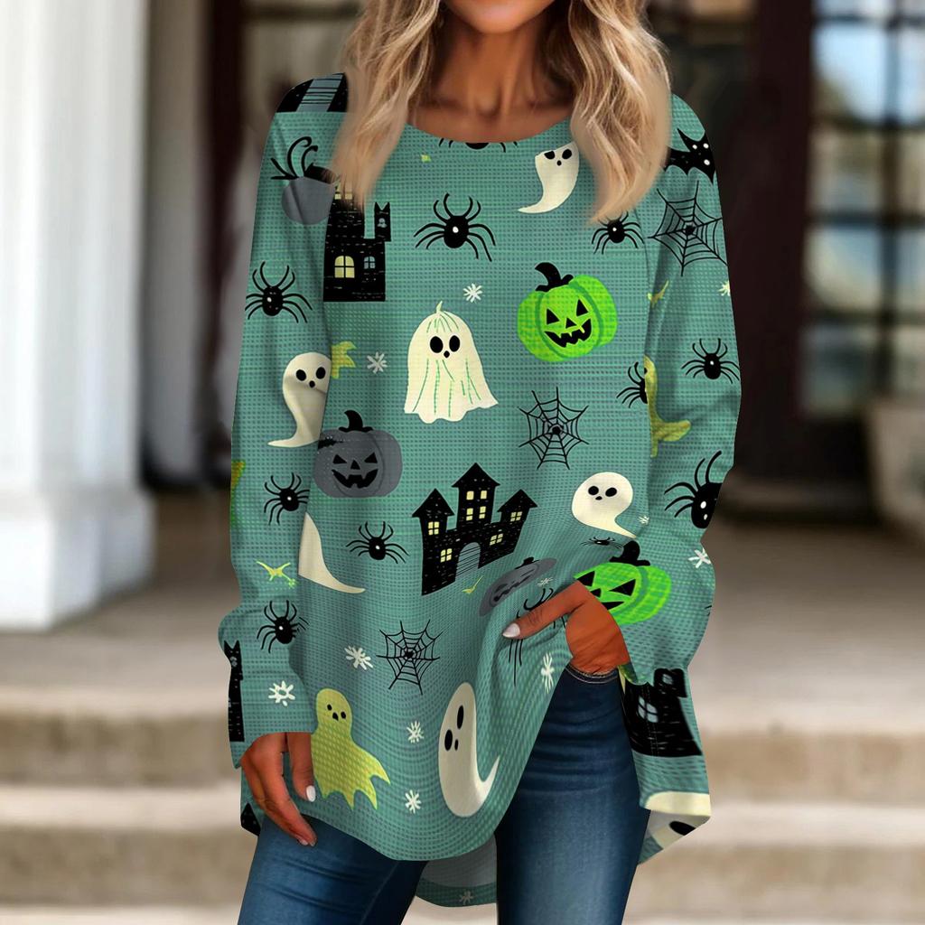 Women's Long Sleeve Halloween T-Shirt Loose Fit Crewneck Casual Print Top