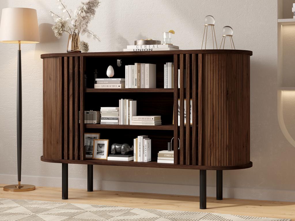 120x40x80cm Sideboard,Storage Cabinet ,Walnut Wood Colour Open Fence Construction for Living and Dining Room,Adjustable Metal Legs,MDF Material