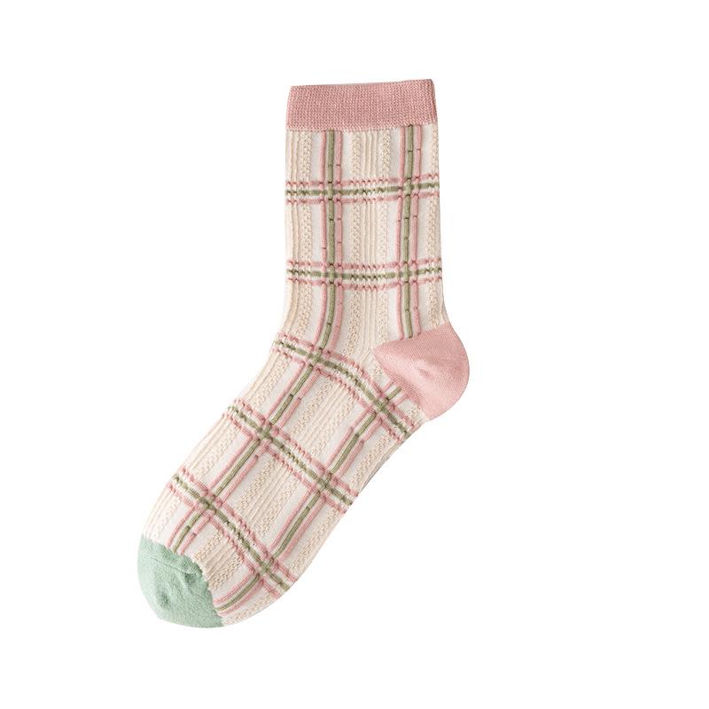 Autumn 3D Flower Plaid Mid-Calf Socks - Pink & Versatile Fashion