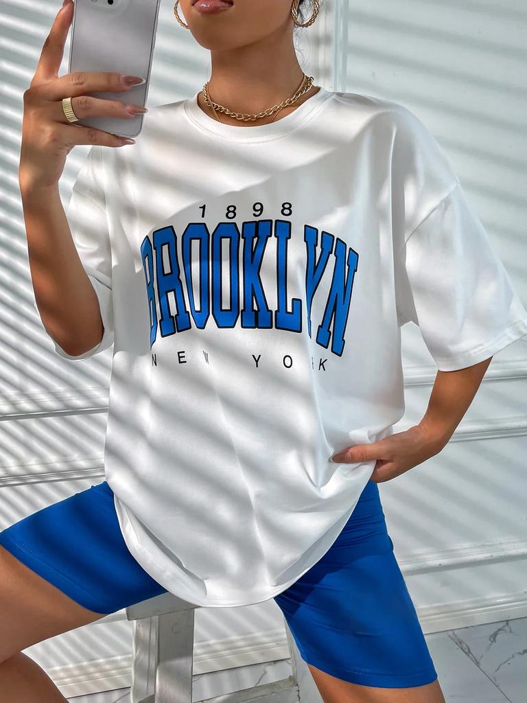 1898 Brooklyn York Letter Drop Shoulder Print TShirt Women Vintage Oversized T Shirt Simple Clothes Female Tshirt Y2K Top